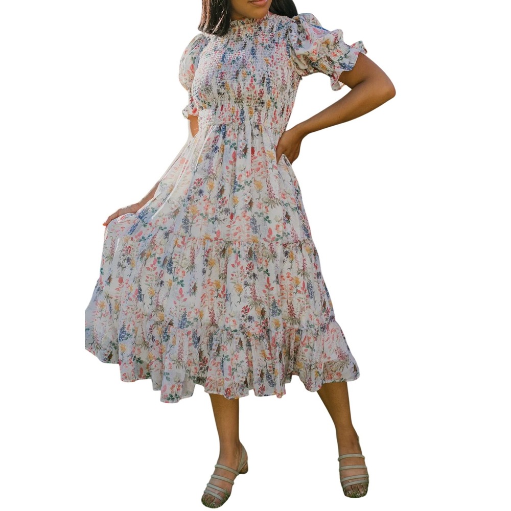 Ivy City Women's Cordelia Floral Puff Sleeve Tiered Skirt Midi Dress Size 1X NWT